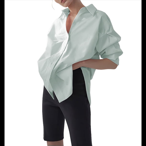 Camisas Casuales de Mujer, Camisa de Larga con Botones, Moda Deportiva. Verde M