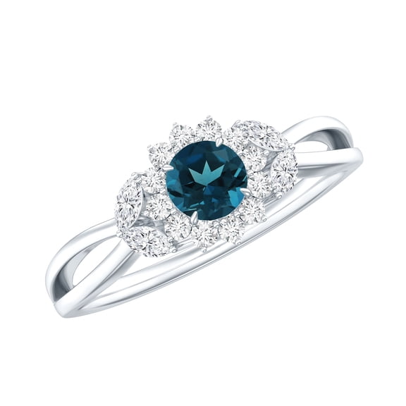 Rosec Jewels Real London Blue Topaz Engagement Ring with Diamond for Women - 0.6 Carat - Nature Inspired Ring - AAA Quality, 925 Sterling Silver, US 4.00