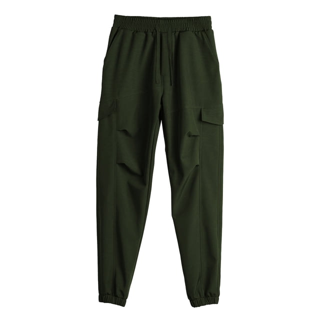 Ceisia Men Solid Color Fleece Multi Pocket Work Pants Loose Drawstring Gift Elastic Cuff Trousers