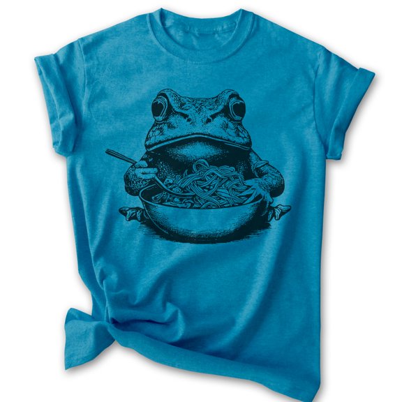Frog Eating Ramen Noodles T-shirt, Unisex Women's Men's Shirt, Funny Frog Japanese Food Lover Ramen, Heather Blue, Medium