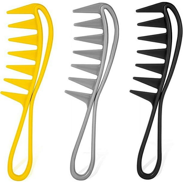 Peine de dientes anchos de 3 piezas (negro, plateado, amarillo), peine de dientes anchos grandes Peine de pelo rizado con dientes de tiburón Peluquería Cabello rizado Onda mojada Peluca gruesa Peluque