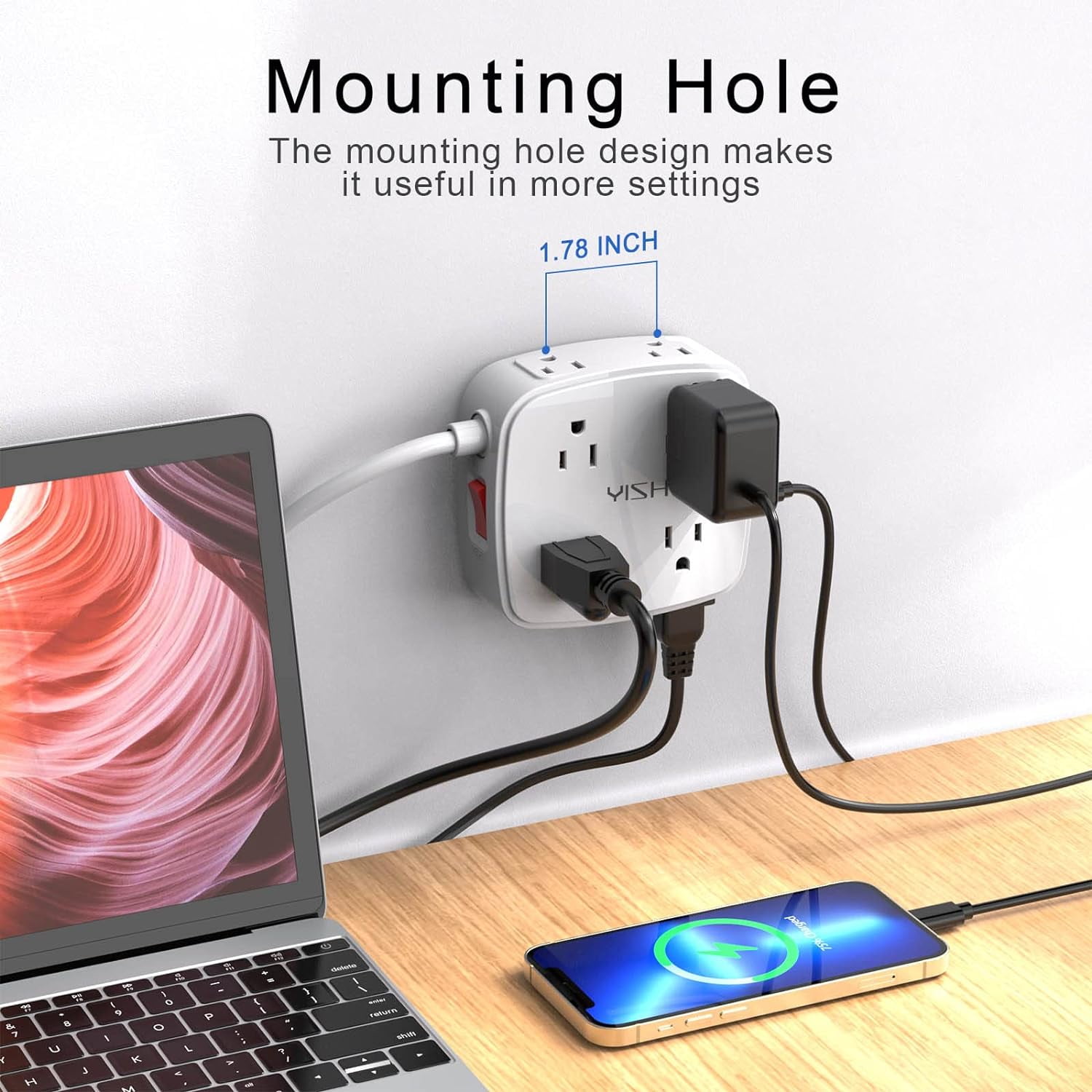 10 Ft Surge Protector Power Strip - General 3 Side Outlet Extender with 8 Widely AC Outlets and 4 USB Ports, 10 Feet Extension Cord with Flat Plug, Wall Mount Desk USB Charging Station, ETL,White
