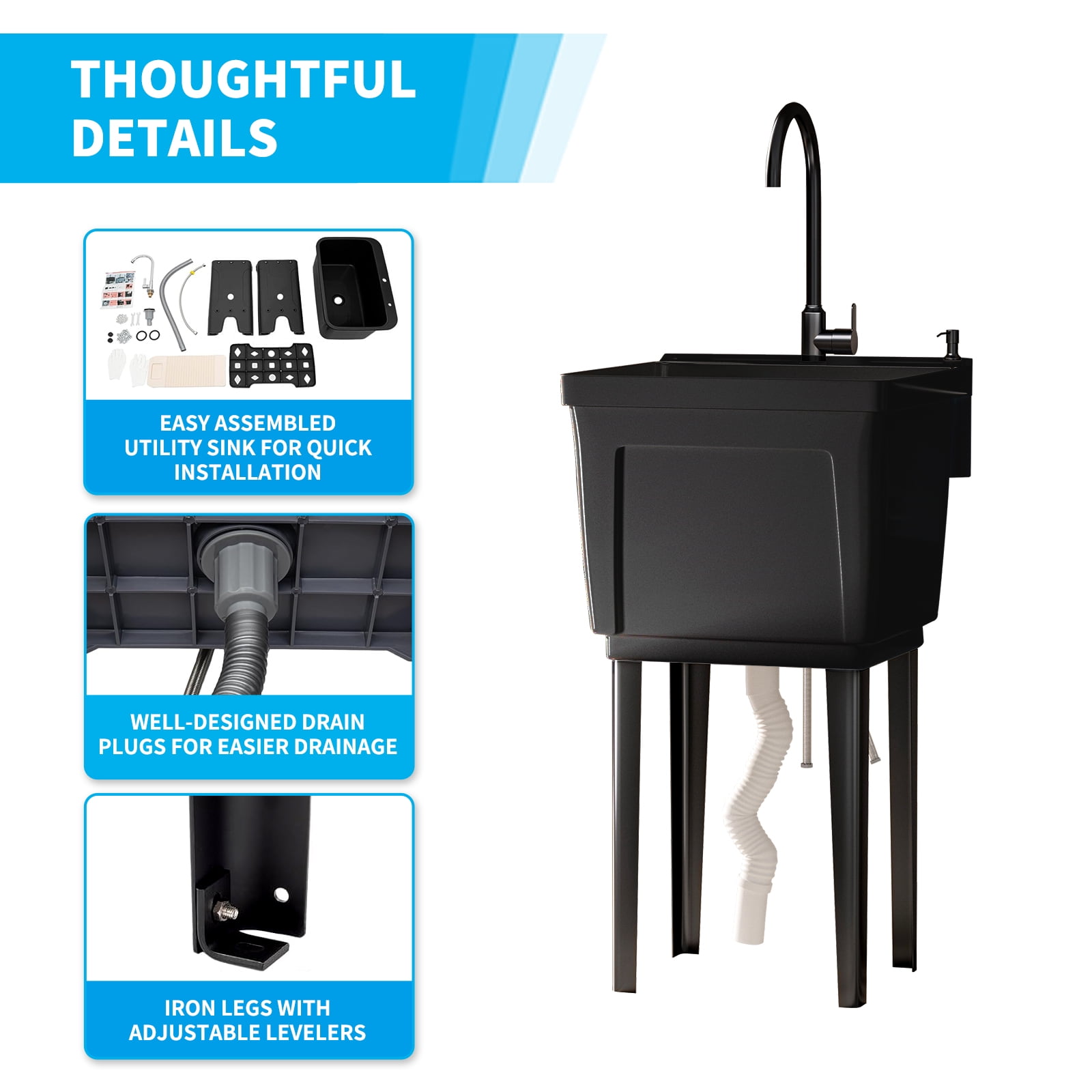 TABU Freestanding Utility Sink Laundry Tub, with Stainless Steel Faucet, Black