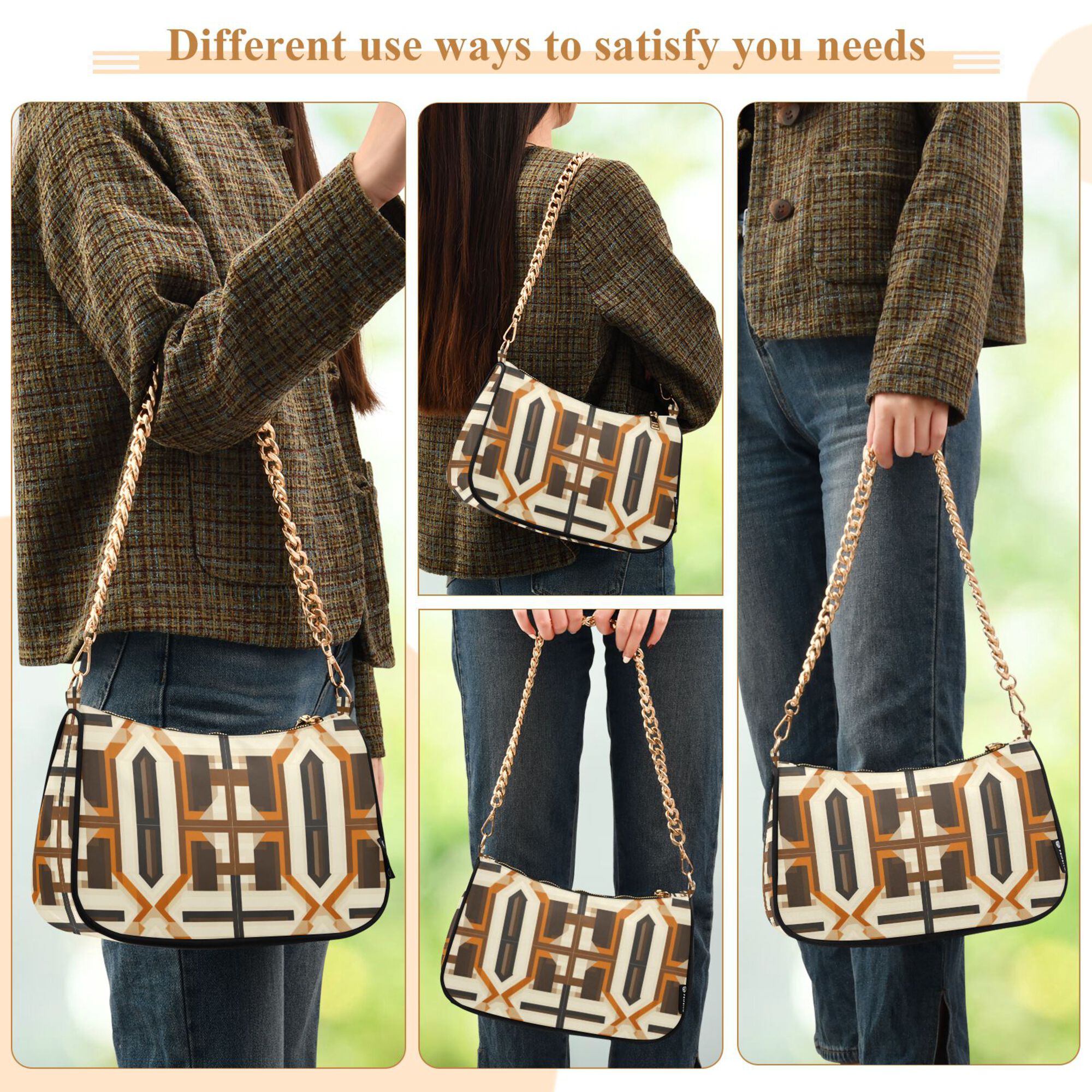 FORMRS Womens Shoulder Bag with Chain Strap Clutch Purse Cute Tote Handbag, Beige Geometric