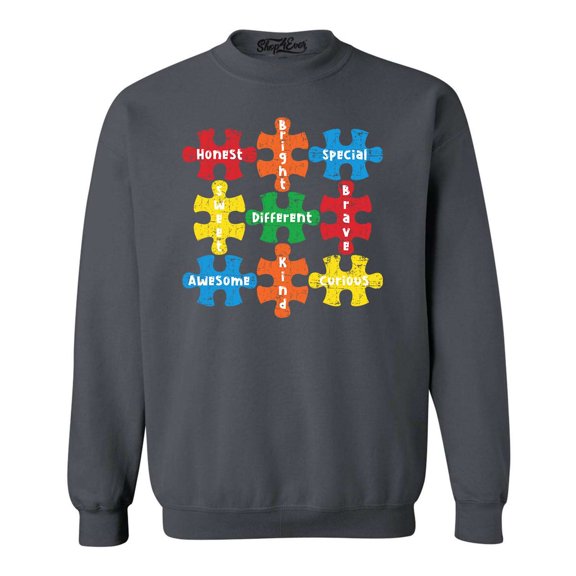 Shop4Ever Men's Autism Awareness Puzzle Pieces with Words Crewneck Sweatshirt Large Charcoal