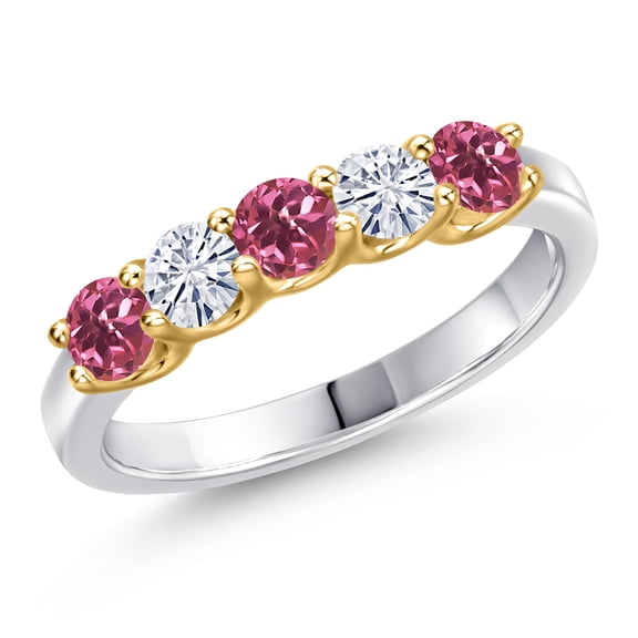 Gem Stone King 10K Two Tone Gold Pink Tourmaline and White Moissanite Wedding-Bands Ring for Women | 0.77 Cttw | Round 3.5MM | Gemstone October Birthstone | Size 6