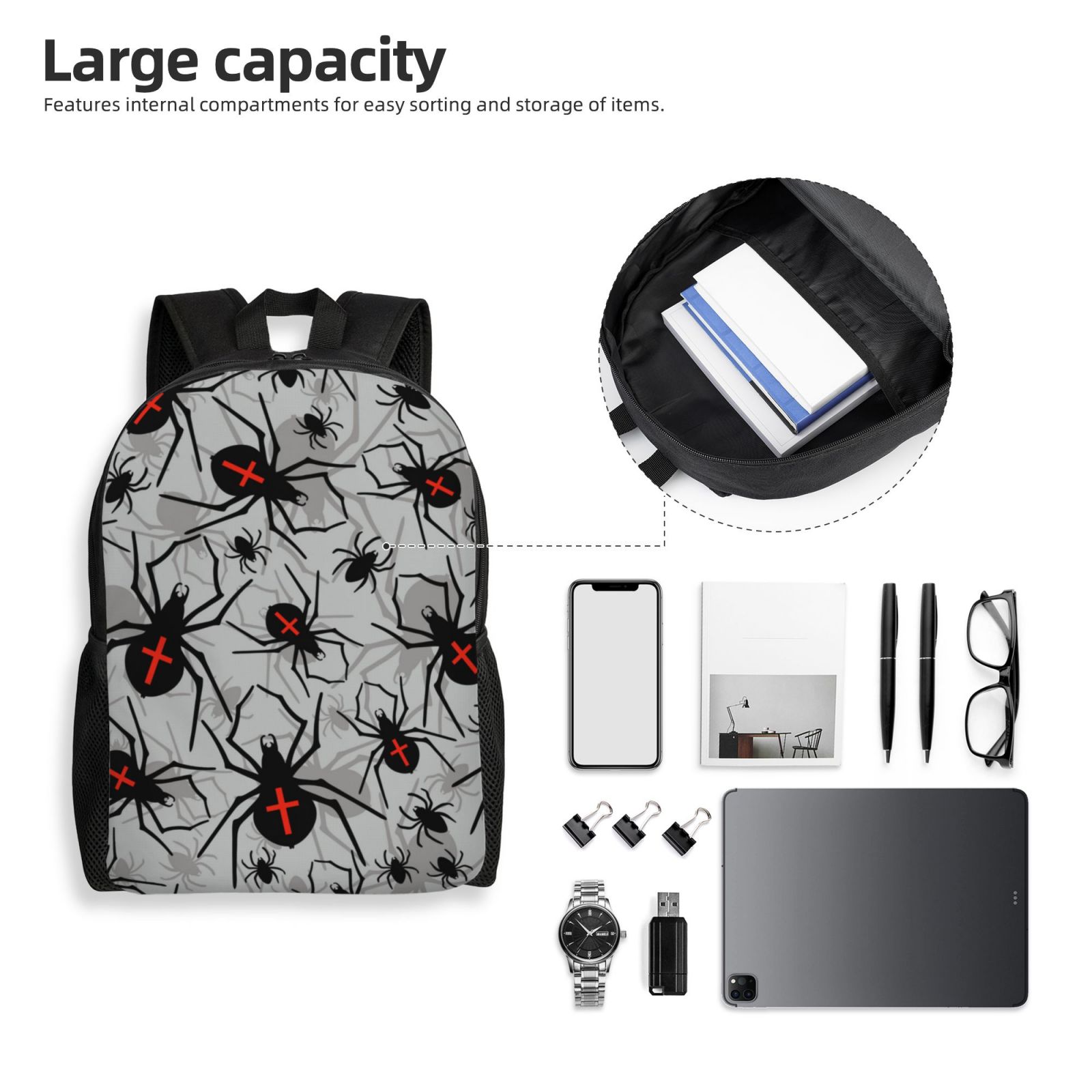 Xecao Spiders Print School Backpack with Laptop Compartment Small Travel Laptop Backpack for Women Men Waterproof College Backpack Simple School Bag