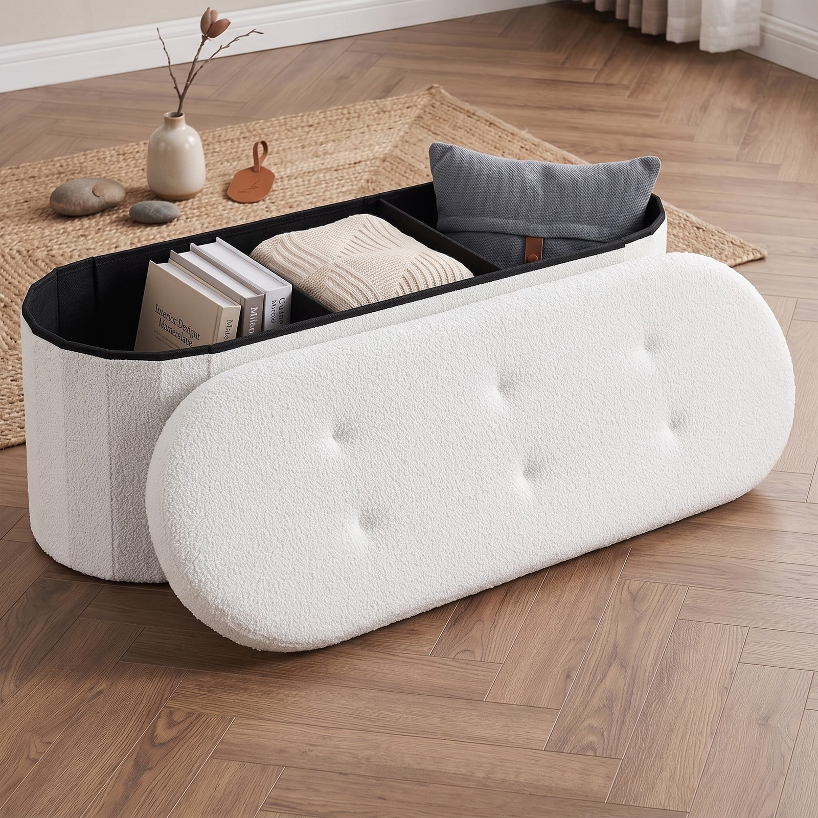 Furnibear 43 Inch Folding Teddy Fleece Storage Ottoman Bench with 2 Dividers and Tufted Padded Seat for Living Room and Bedroom, White