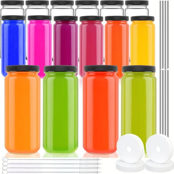 16 Pack 16oz Glass Juice Bottles with Lids, Reusable Glass Juicing Bottle Beverages Drinking Jars with Black Caps and White Caps with Hole, Glasses for Juice, Cold Brew Bottles, Smoothie Jars