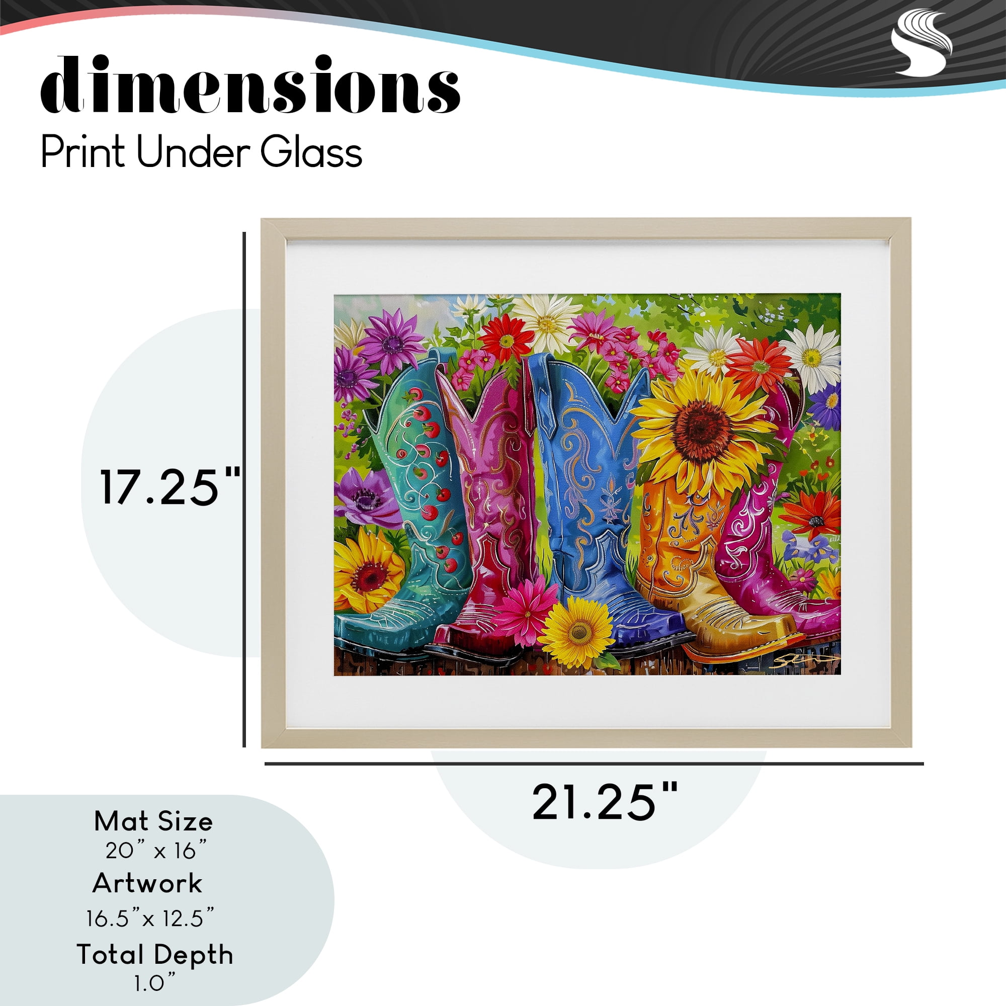Cowboy Boots and Sunflowers Birch Framed Print Under Glass, design by Shawna Stewart