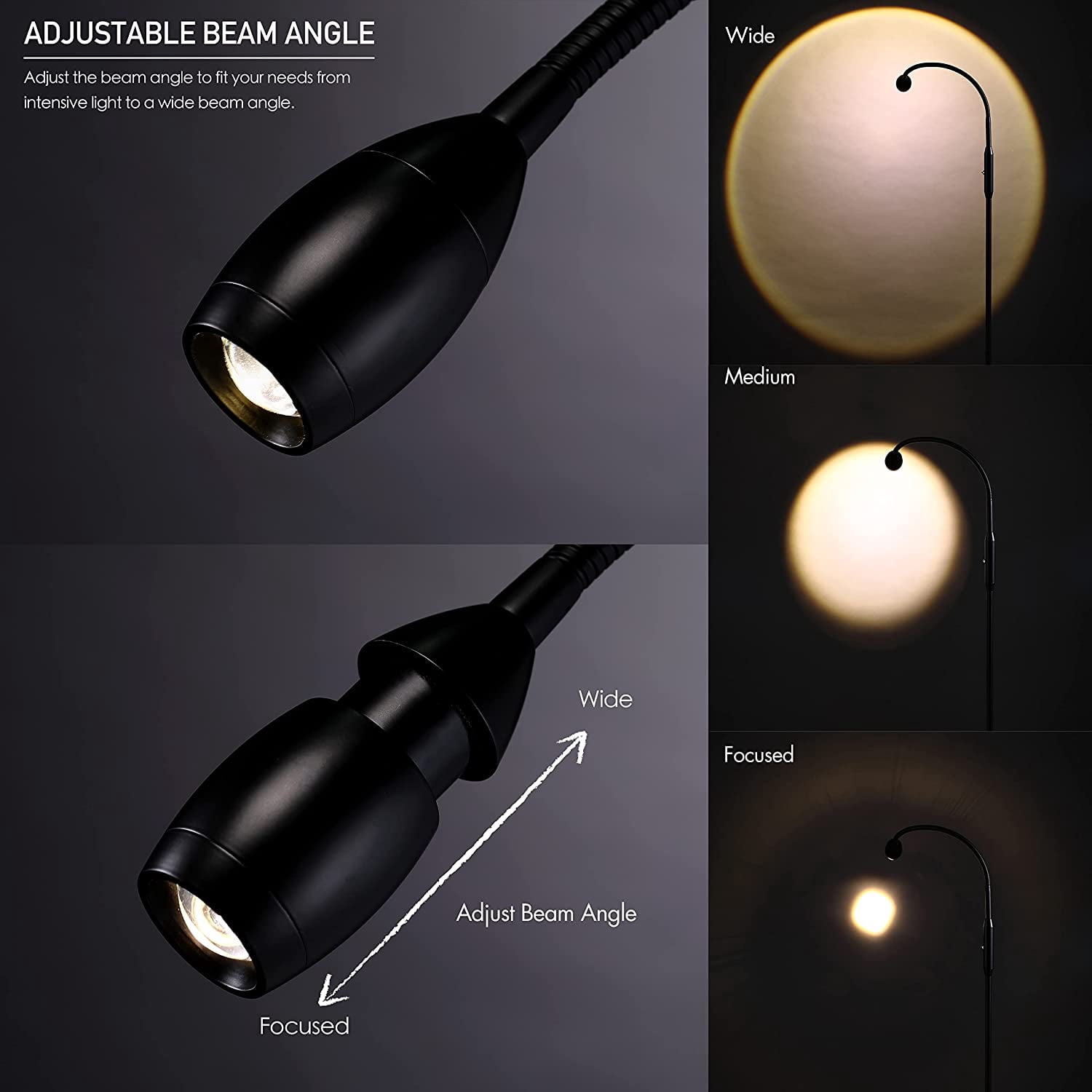 O’Bright Ray – Adjustable LED Beam Floor Lamp, Dimmable and Zoomable Spotlight, Flexible Gooseneck, Reading/Crafting Standing Lamp, Work Table Light, Black