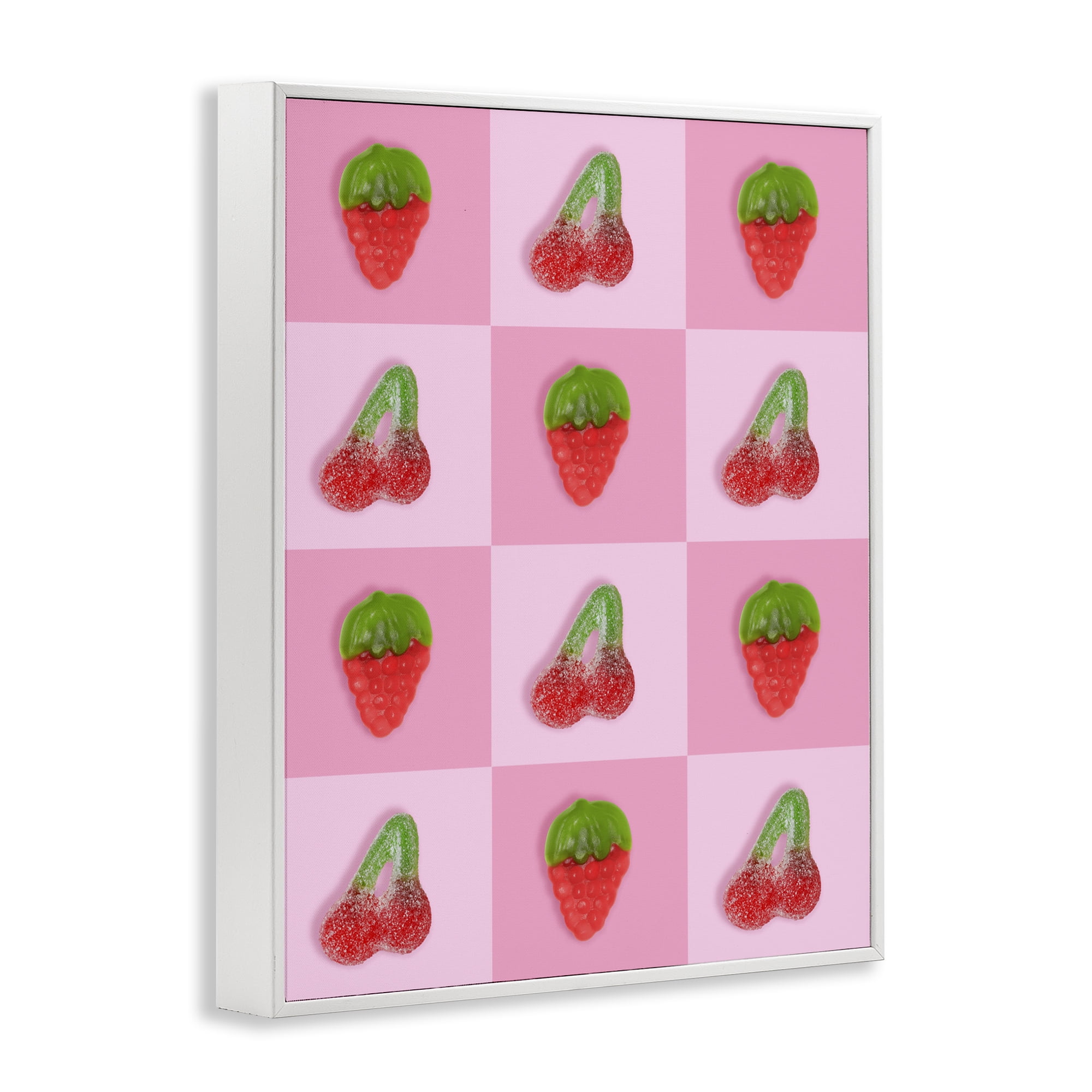 Stupell Industries Gummy Strawberry and Cherry Checkerboard White Framed Giclee Art, design by LISH Creative
