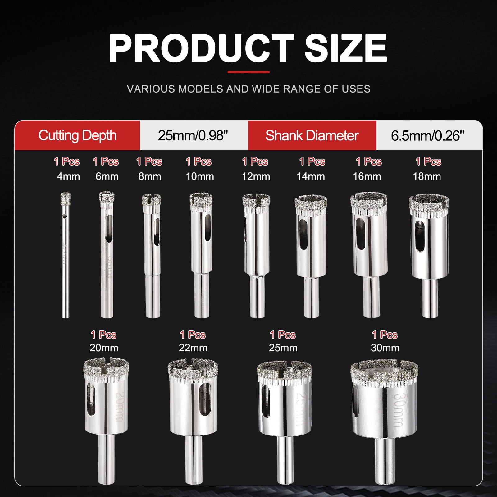 4-30mm Diamond Hole Saw Set, 5/32" - 1-3/16" Diamond Hollow Core Drill Bit Hole Cutters for Fiberglass Tile - 12Pcs(60/70 Mesh)
