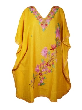 Mogul Women Honey Yellow Embellished Floral Short Caftan Lounger Cover Up BOHO CHIC Tunic Dress 2XL