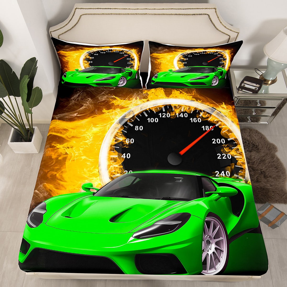 YST Twin Race Car Fitted Sheet for Boys Girls,Green Cars Toddler