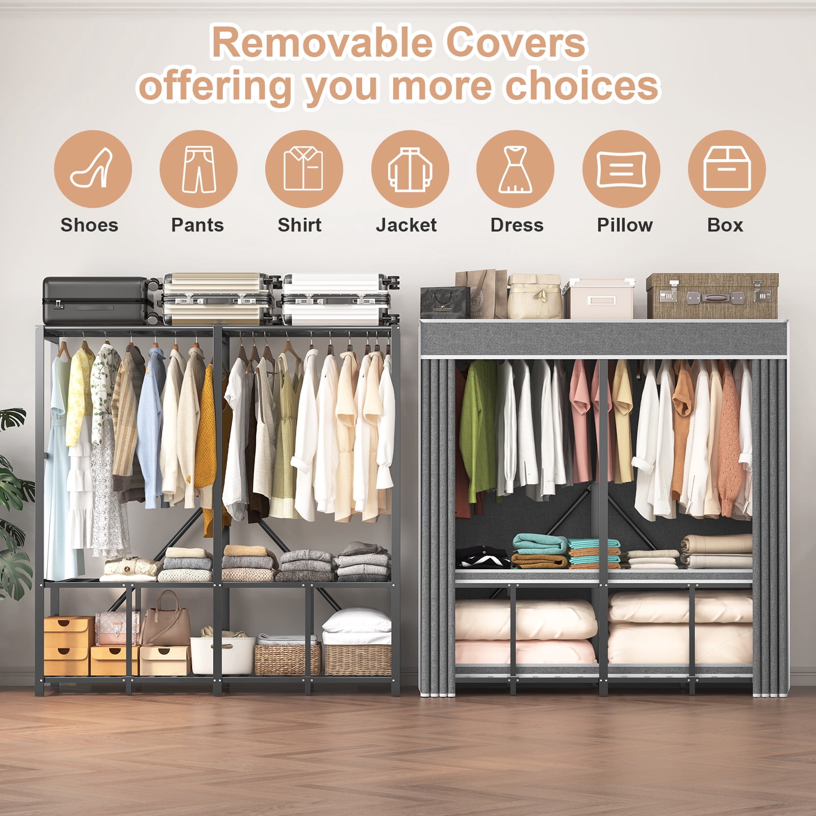 Caulitar Heavy Duty Portable Closet with Cover, Foldable Metal Wardrobe, 3-Tier Garment Rack with Cover (59.1"D x 20.5"W x 70.8"H, Gray)