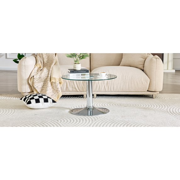 Round Glass Coffee Table with Silver Metal Base - Modern Living Room Accent