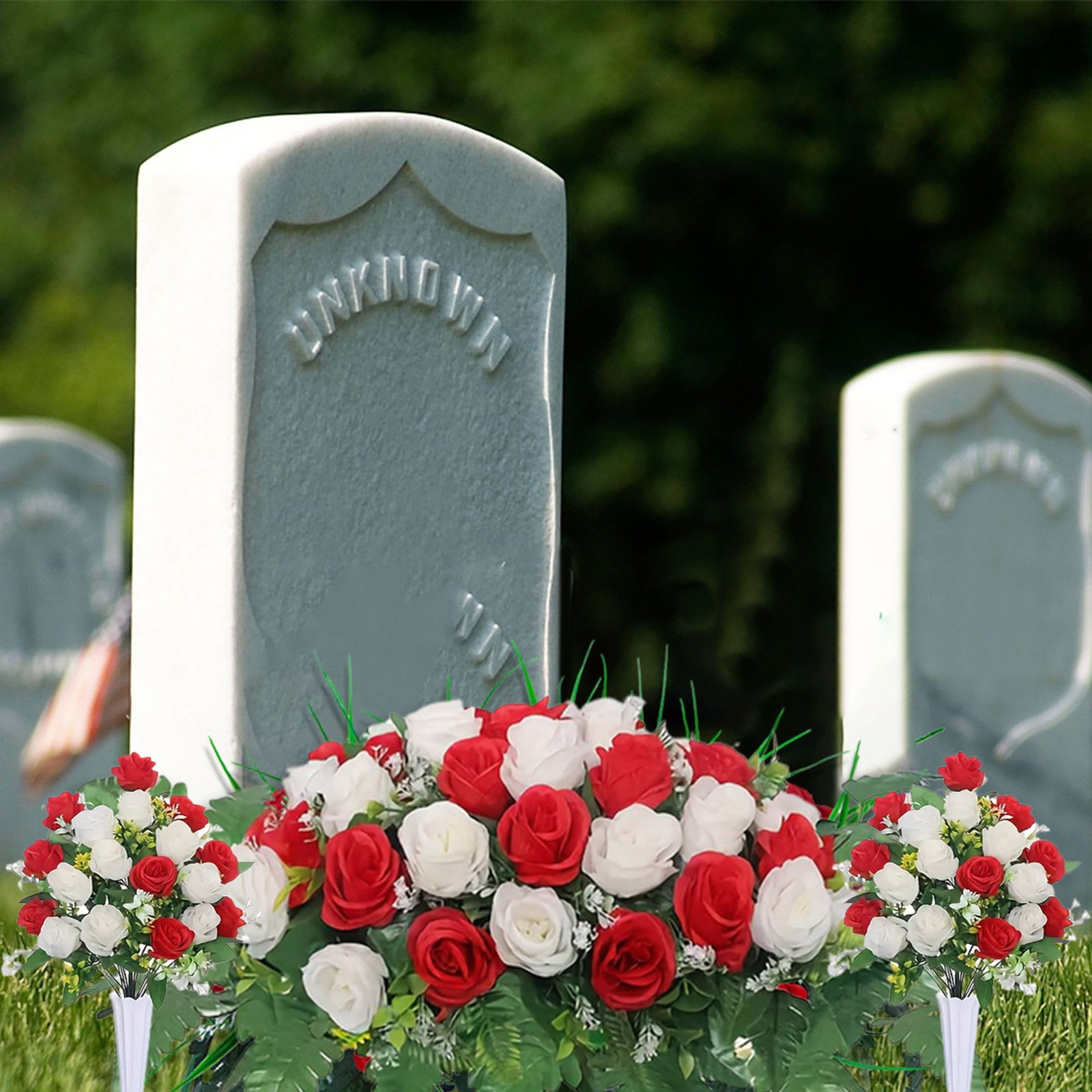 Artificial Cemetery Flower Bouquet with Saddle Weather-Resistant Realistic Silk Rose Memorial Arrangement Lasting Grave Decor for Headstones, Memorials & Cemetery Visits