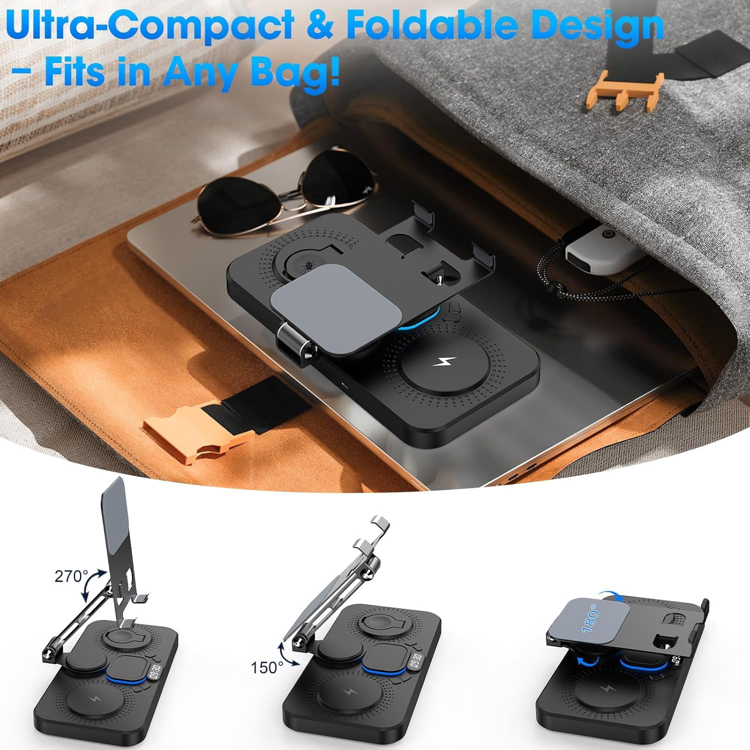 6 in 1 Wireless Charger for Apple Device, 30W Foldable Charging Station for ipad with Clock & 7 Color Ambient Light, Nightstand Wireless Charger for iPhone 16/15/14/iWatch Series/AirPods 4/3(Black)