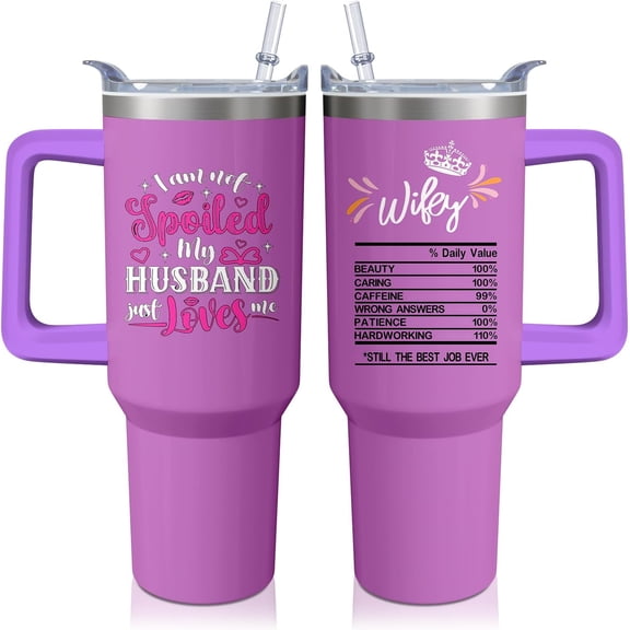 40oz Wife Tumbler with Handle and Straw, Wifey Insulated Stainless Steel Cup, Travel Coffee Mug Water Bottle, Wedding Anniversary Birthday Valentines Gifts for Women