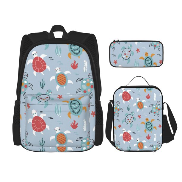 Disketp Sea Turtle Mochila Estampada de Gran Capacidad con Lonchera y Estuche, Set de 3 Piezas para Estudiantes