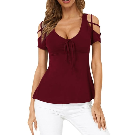 nsendm Woman Summer Tops Womens V Neck Shirt Summer Blouse Short Sleeve Tops Strappy Cold Shoulder Ladies Lounge Tops Women Shirt Large