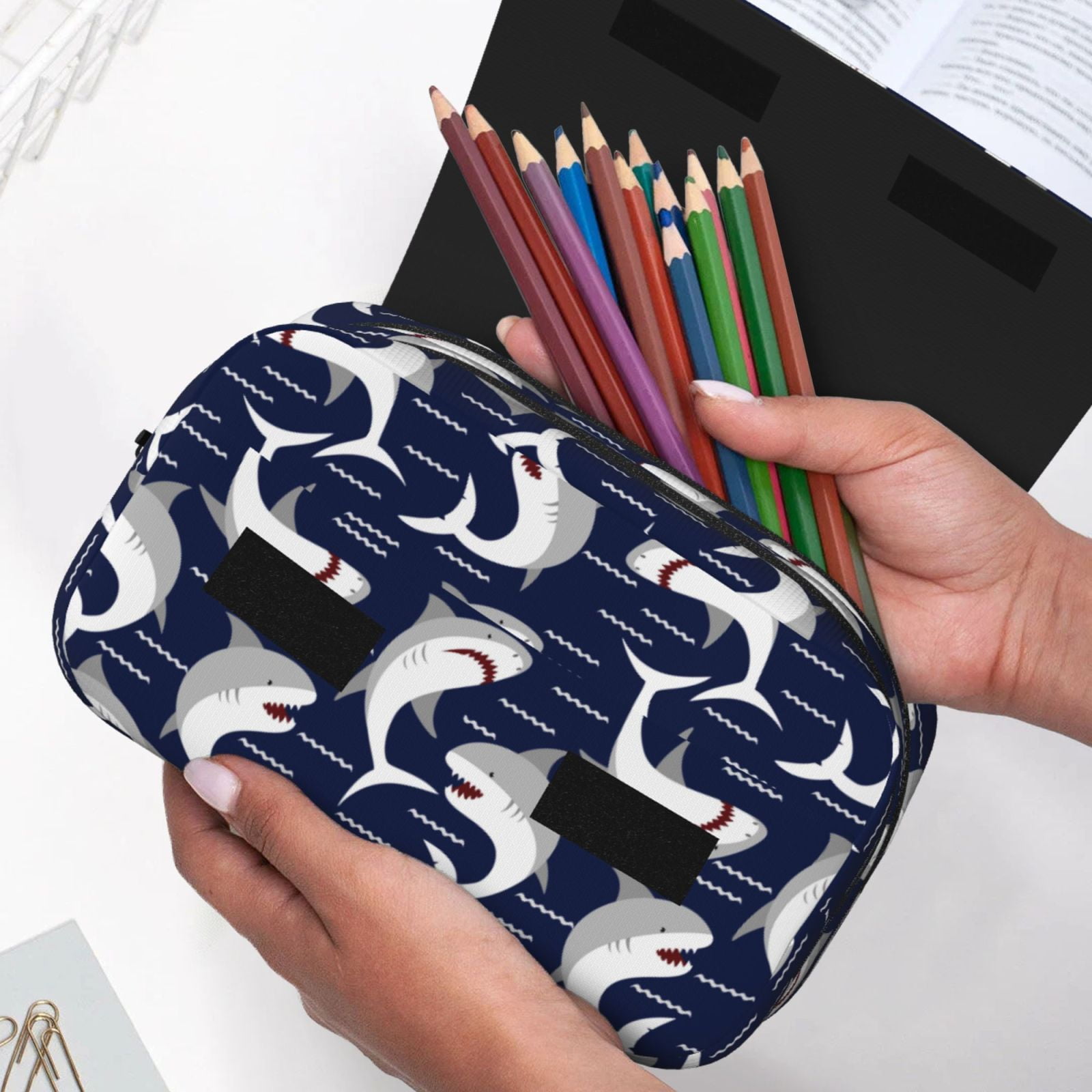 Rateoe Angry Shark Pattern Double Clamshell Pen Case, Storage Organizer with Two Zipper Compartments– Holds Up to 50 Pencils & Pens