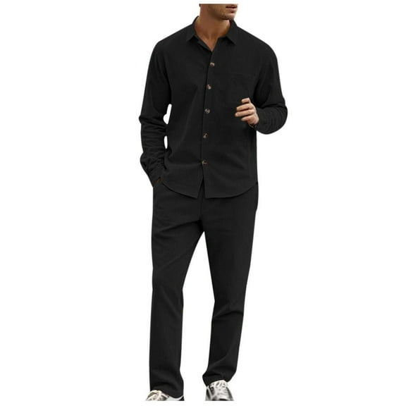 JIKNTTR Men 2 Piece Linen Outfit Men's Long Sleeve Lapel Solid Color Shirt Casual Holiday Shirts Tops Pants Outfits Trendy Versatile Outfits