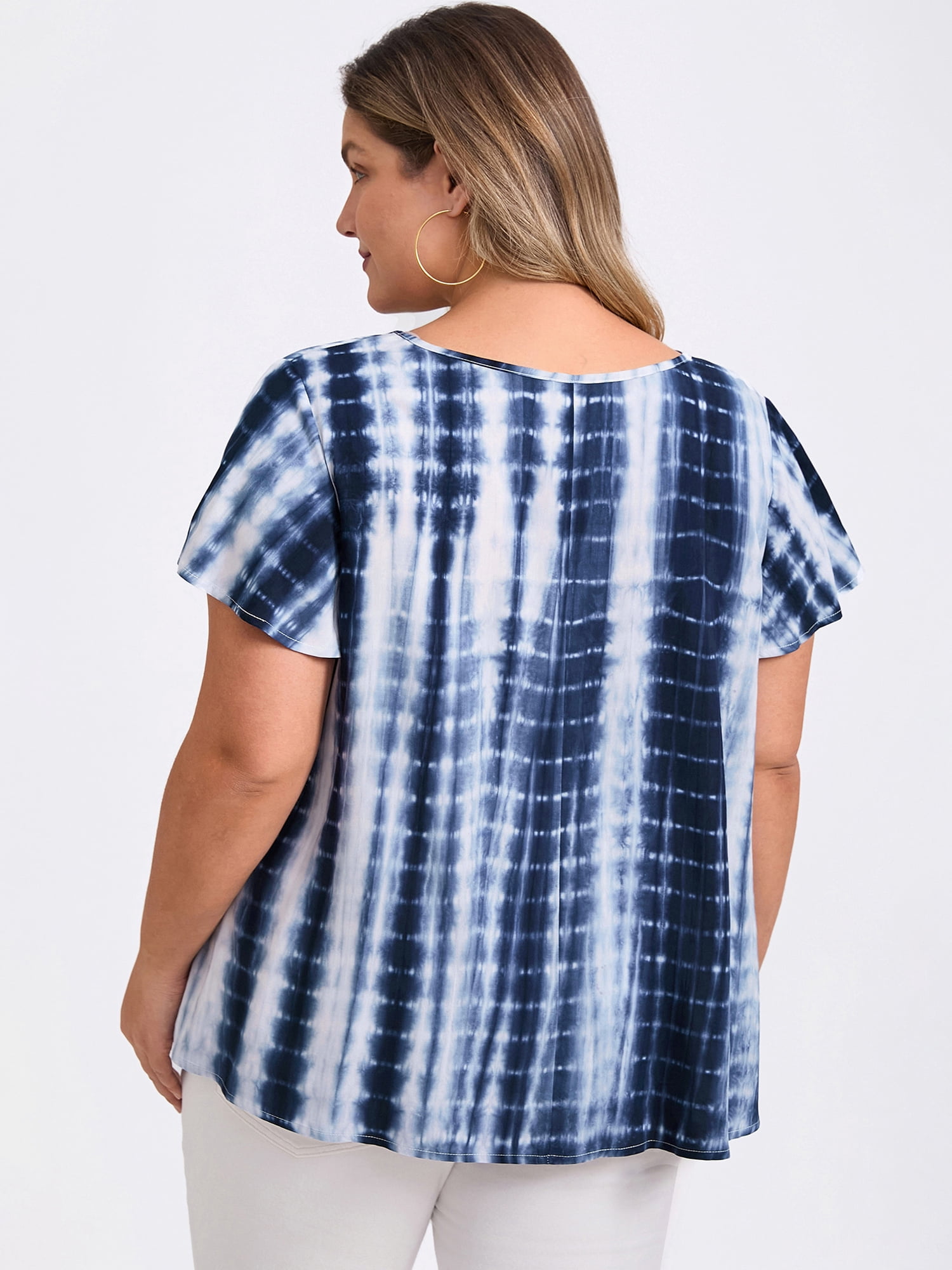 DARING DIVA Women's Plus Tie Dye V Neck Ruffle Sleeve Blouse 3X Dark Blue