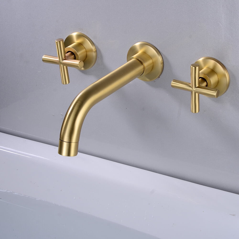 Bathroom Brass Faucet Sink Tub Wall Mounted 3-Hole Dual Handle Mixer Tap