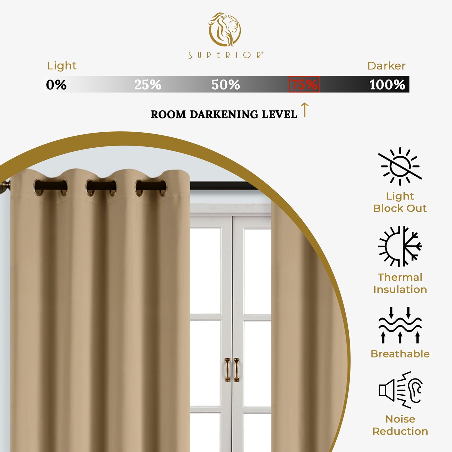 Superior Solid Blackout Curtain Set of 4, 52" x 96", Smoked Ash