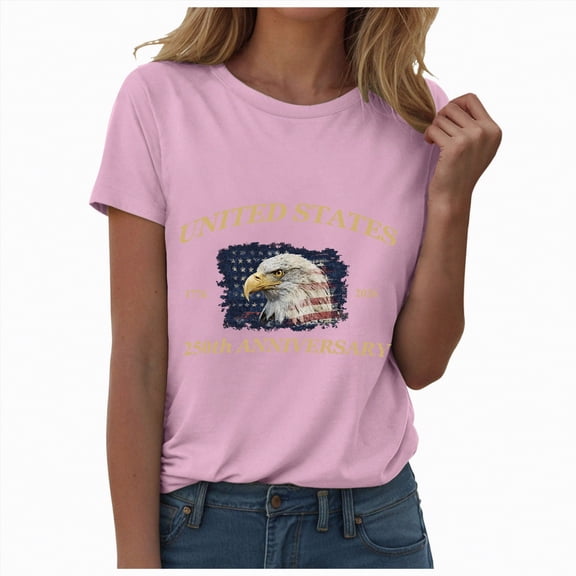 Duqingm America 250 Tshirt Women's 250th America Anniversary Casual Printed Crew Neck T-Shirt USA Flag Tee 250 Years of Freedom Shirt Pink,XL