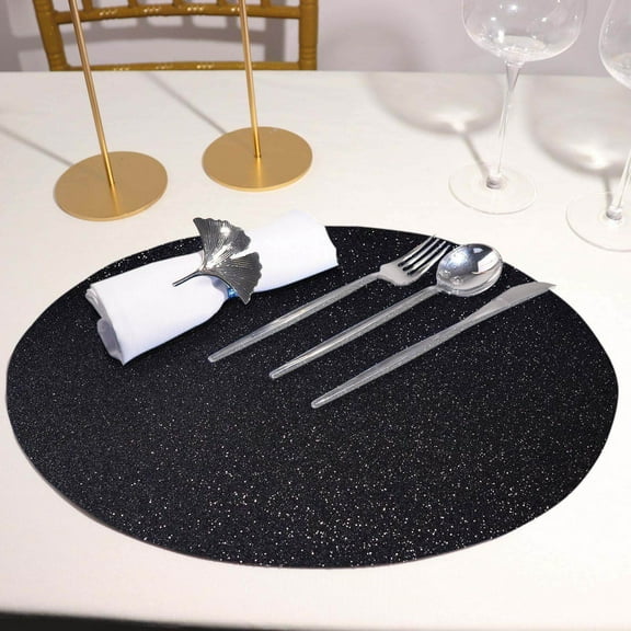 Efavormart 6 Pack Non-Slip Table Placemats, Oval Faux Leather Placemats With Glitter - Black for Wedding, Banquet, Party, Kitchen, Dining, Conference Tables Decor, Centerpieces