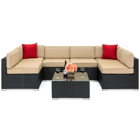 Black Rattan 3 Seater Sofa Best Choice Products 7-Piece Outdoor Patio Rattan Wicker Sectional Conversation Sofa Set with Table, 6 Sofa Chairs, Assembly Required, Black ()