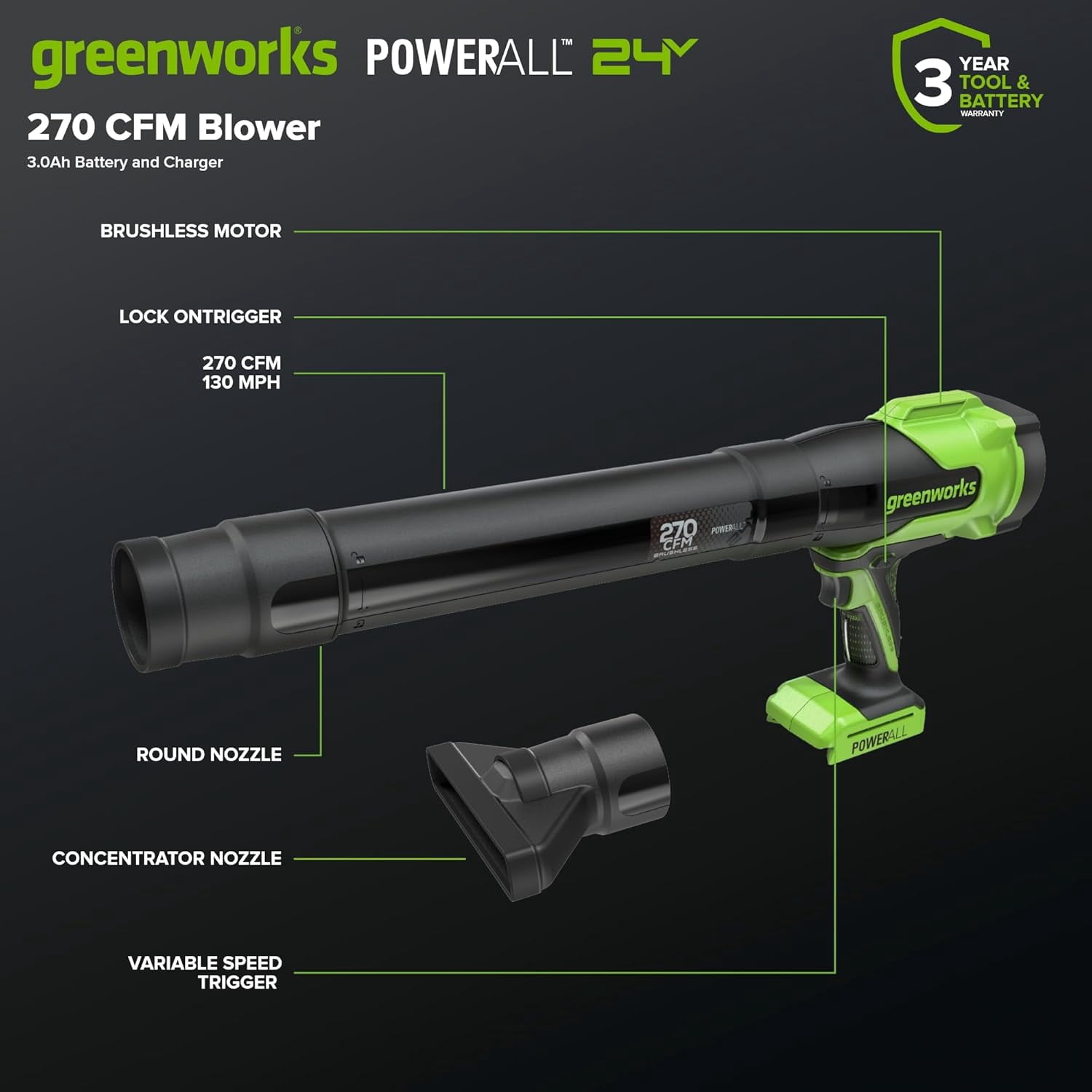 Greenworks 24V (130 MPH / 270 CFM) Brushless Compact Leaf Blower, Powerful for Yard, Patio, Deck and Driveway Cleanup, Includes 3.0Ah USB-C Battery and GaN Charger