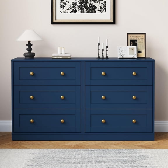 RoyalCraft 3 Drawer Nightstand, Large Bedside Table with Golden Round Knobs, Modern Wood End Table for Living Room, Accent Side Table Chest of Drawers for Bedroom, Hallway, Closet (2, Blue)
