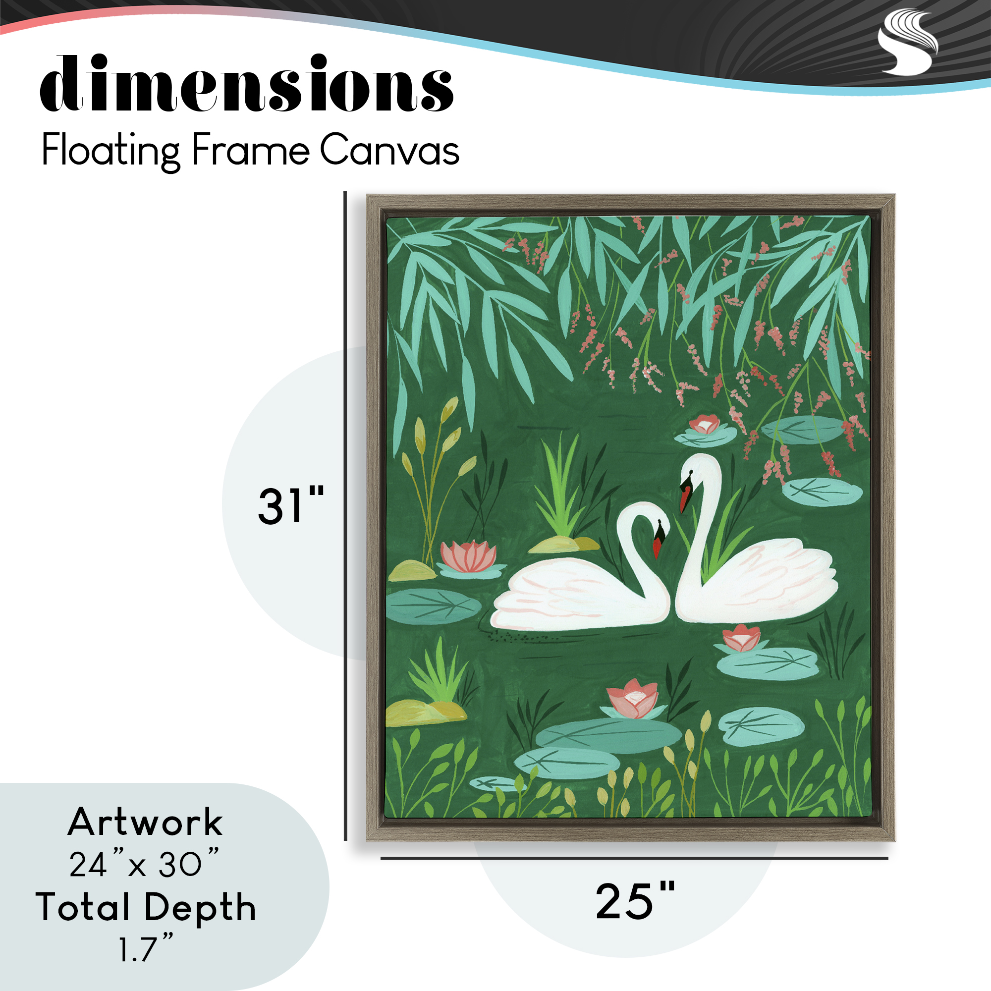 Swan Pair on Green Pond Brown Framed Floater Canvas Wall Art, design by Nabeela Rumi