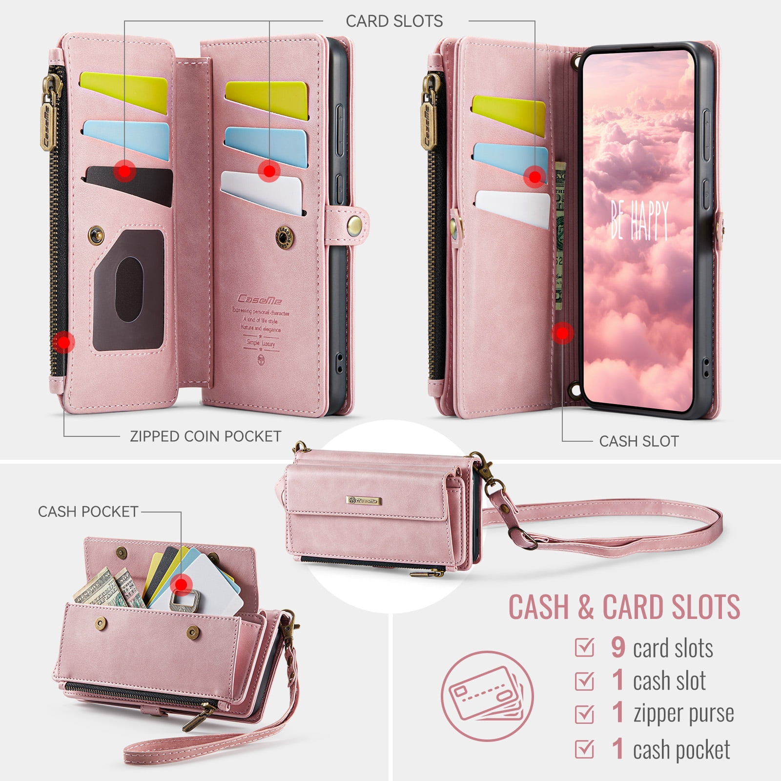 Decase Wallet Case for iPhone 16,Magnetic Flip Zipper Pocket PU Leather Phone Cover,Crossbody Flip Cover with RFID Card Slots,Pink