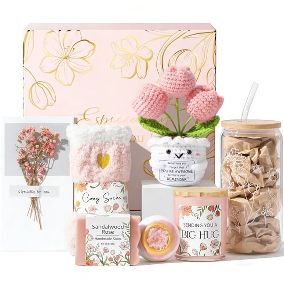 Baskets for Women, 8 Pcs Self Care Package Get Well Soon Gift, Thinking of You Inspirational Sympathy Spa Gift Basket with 16oz Glass Cup, Presents for Mother's Day, Birthday Gifts, Pink