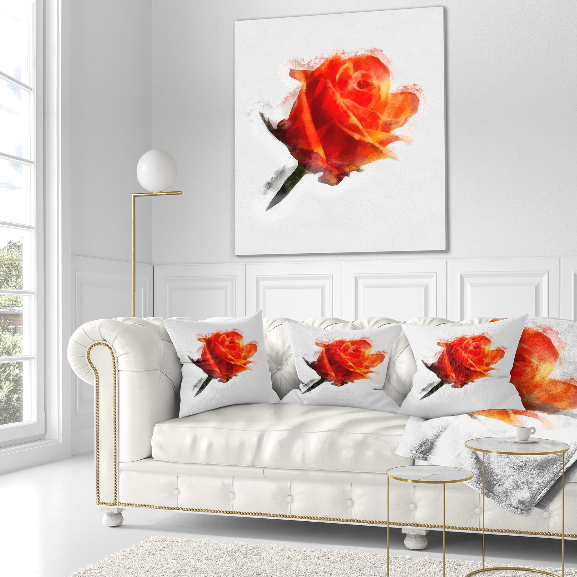 Designart Red Rose Drawing with Watercolor - Floral Throw Pillow - 18x18