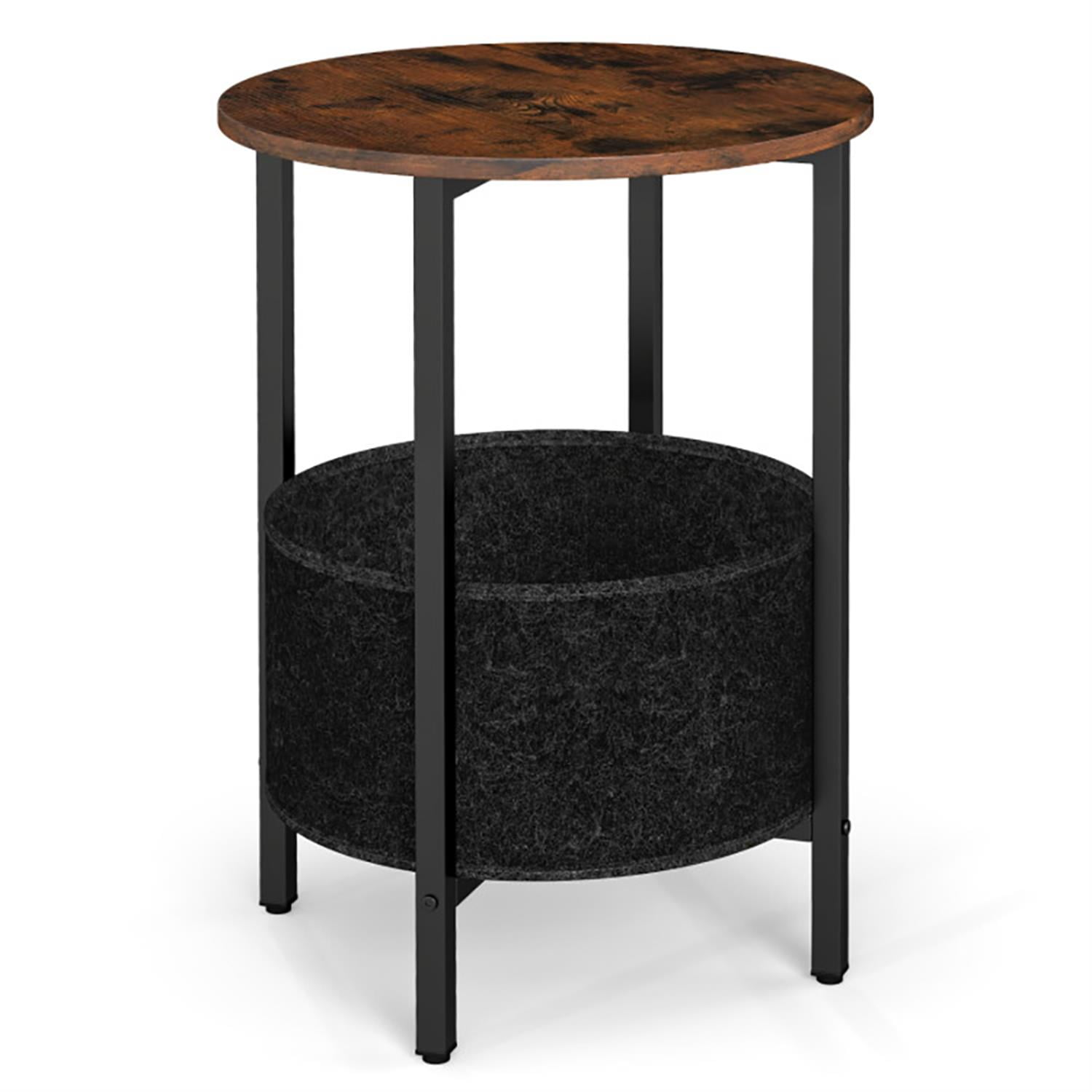 Demi Bonn Round Sofa Side Table, 2-Tier End Table with Removable Fabric Basket and Metal Frame, Nightstand for Small Spaces, Living Room, Bedroom, Brown