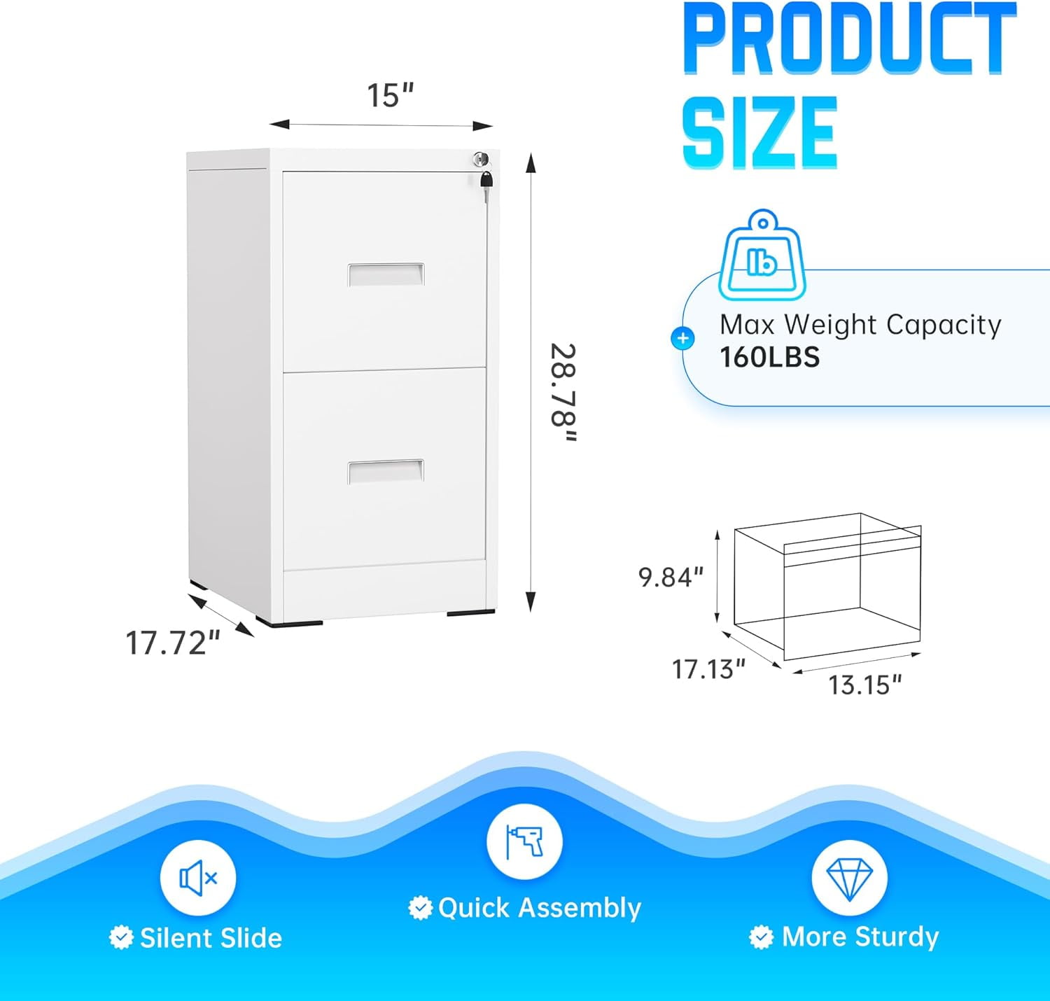 SUNCROWN 2 Drawer File Cabinet with Lock, White Lateral Filing Cabinet, Metal Narrow Storage Cabinet with 4 Adjustable Hanging Frame for Home Office