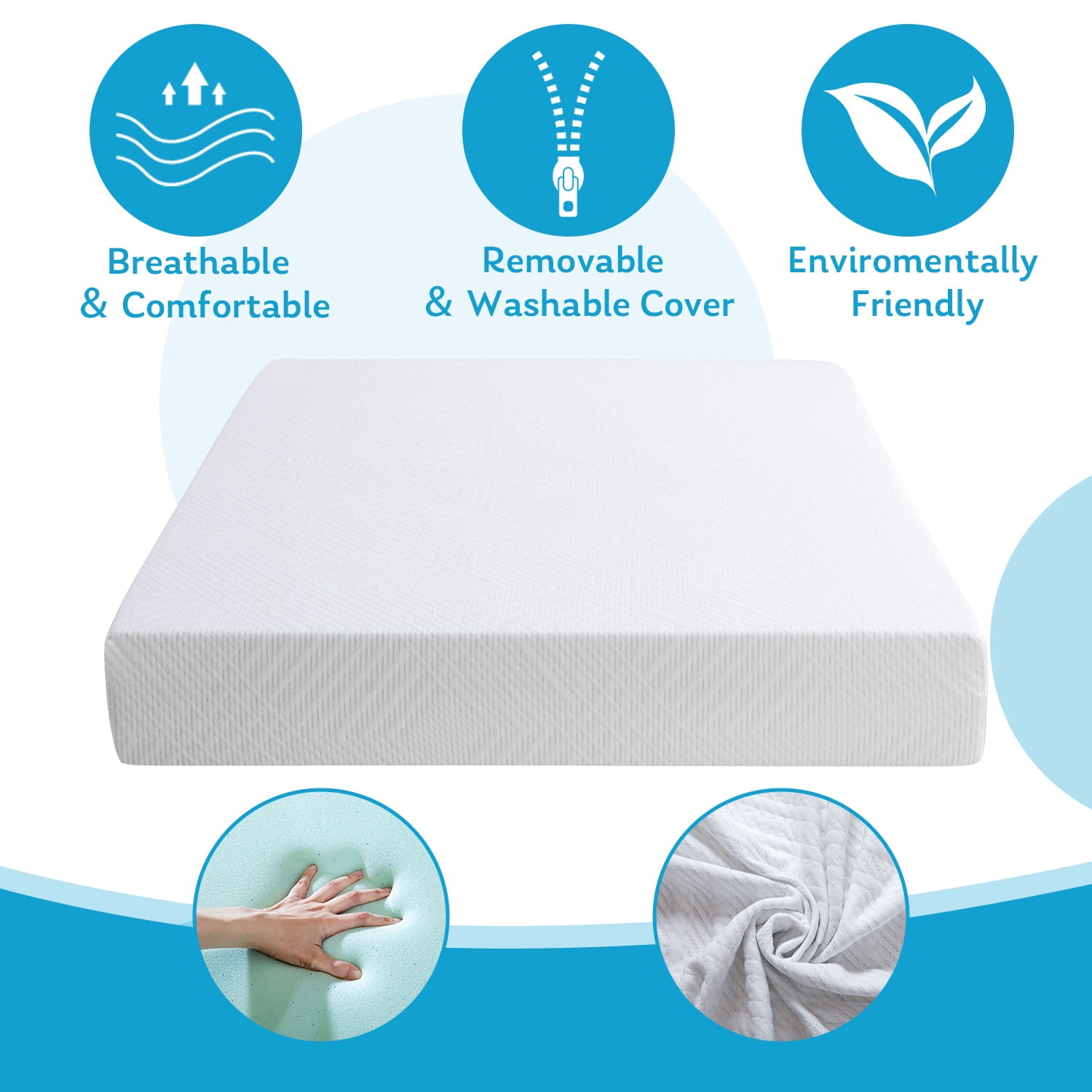 Twin Mattress, 10 inch Gel Memory Foam Mattress, Medium Firmness, White Gel Infused Mattress in a box, Made in USA