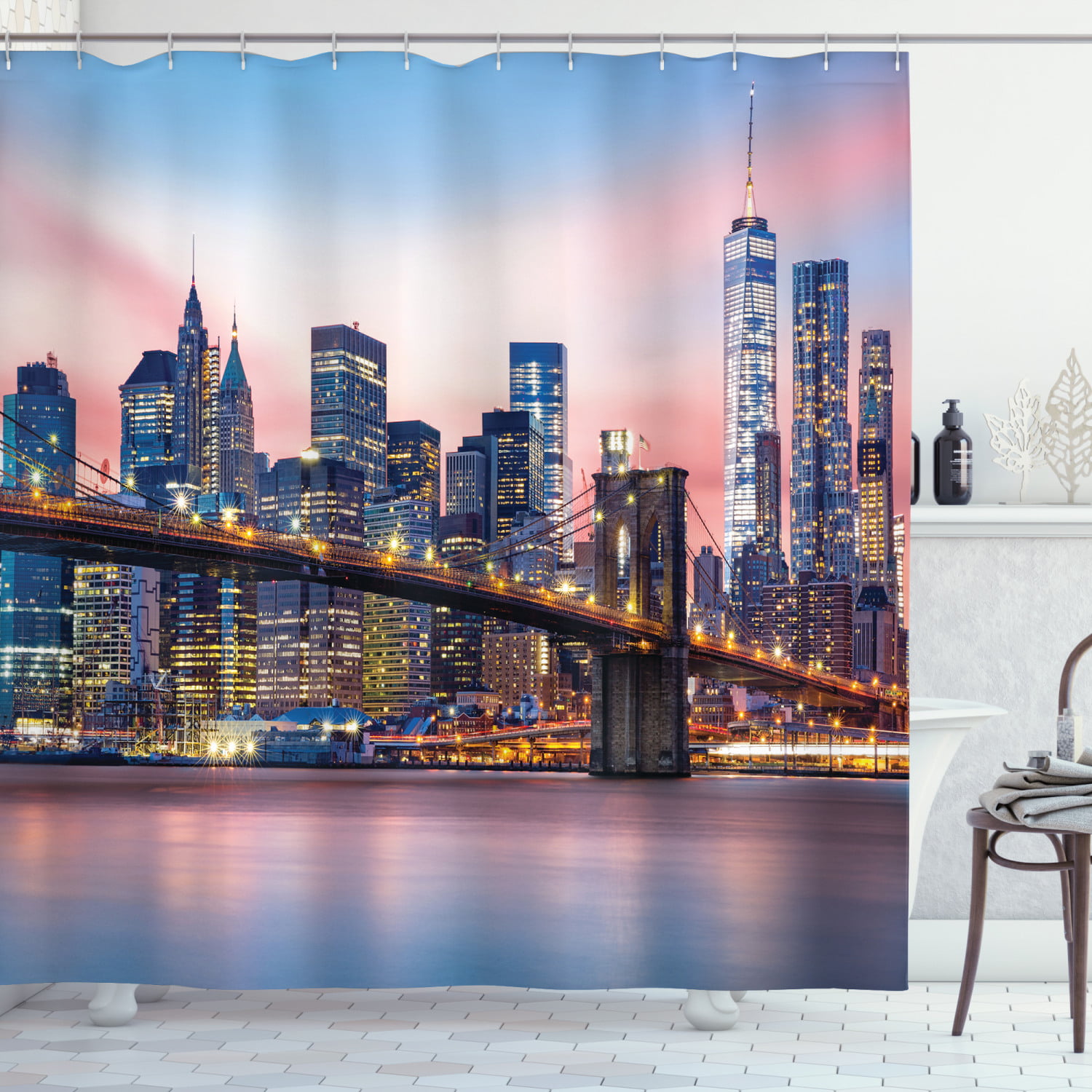 New York Shower Curtain Cityscape of Brooklyn Print for Bathroom 