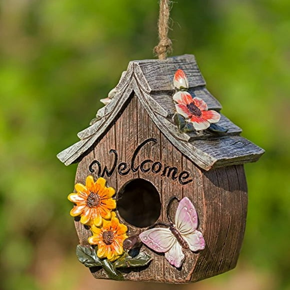 Dawhud Direct Butterfly and Flowers Welcome Decorative Hand-Painted Bird House
