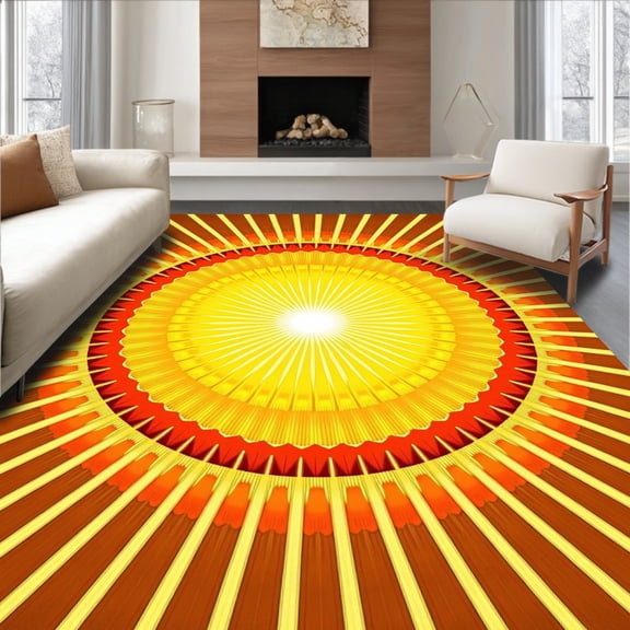 ODIKA 4'x6' Machine Washable Non-Slip Area Rug, Sunburst Radial Shag with Vibrant Golden Rays Design High Traffic Rug, Yellow, 466242