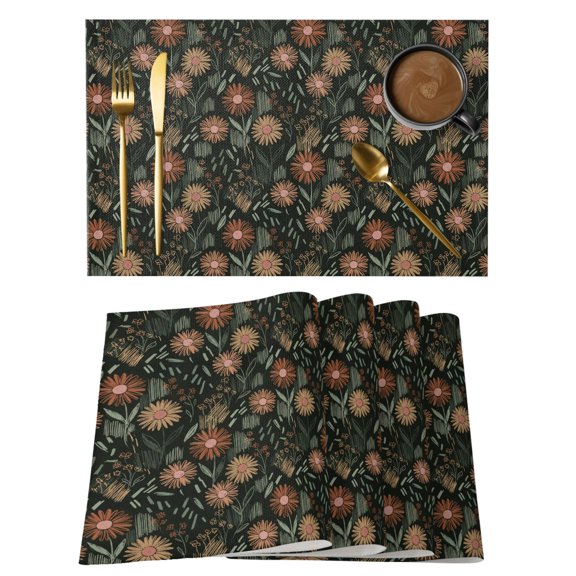 Thanksgiving Fall Floral Placemats Set of 6,Wipeable Washable Table Mats for Dining Tables, Wildflowers Sunflowers Place Mats for Kitchen Event Party Tabletop Decor