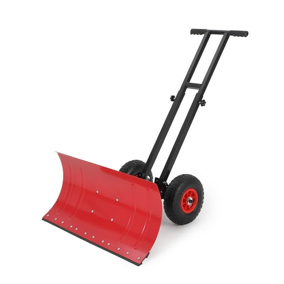 Snow Shovel with Wheels, 29" Heavy Duty Steel Snow Pusher Shovel with Adjustable Handle and 5-Position Angled Blade for Driveway, Sidewalk, Pavement