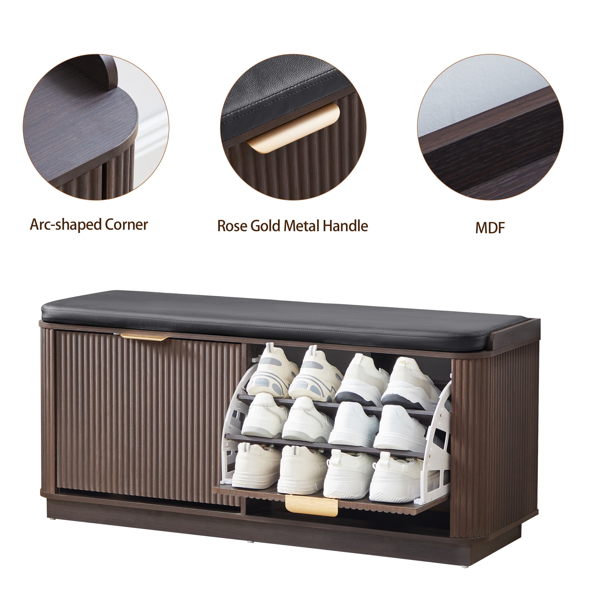 Wirrytor Fluted Shoe Storage Bench with Cushion and 2 Flip Drawers, 3-Tier Wooden Entryway Bench Shoe Organizer for Hallway Bedroom, Black