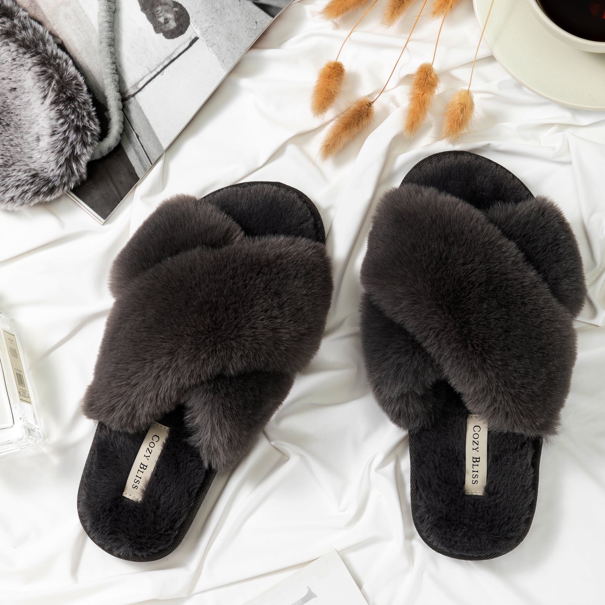 Ladies House Slippers Fluffy Faux Fur Open Toe Memory Foam Slipper for Women Comfortable Warm Cosy Non Slip Indoor Outdoor Home Slippers 